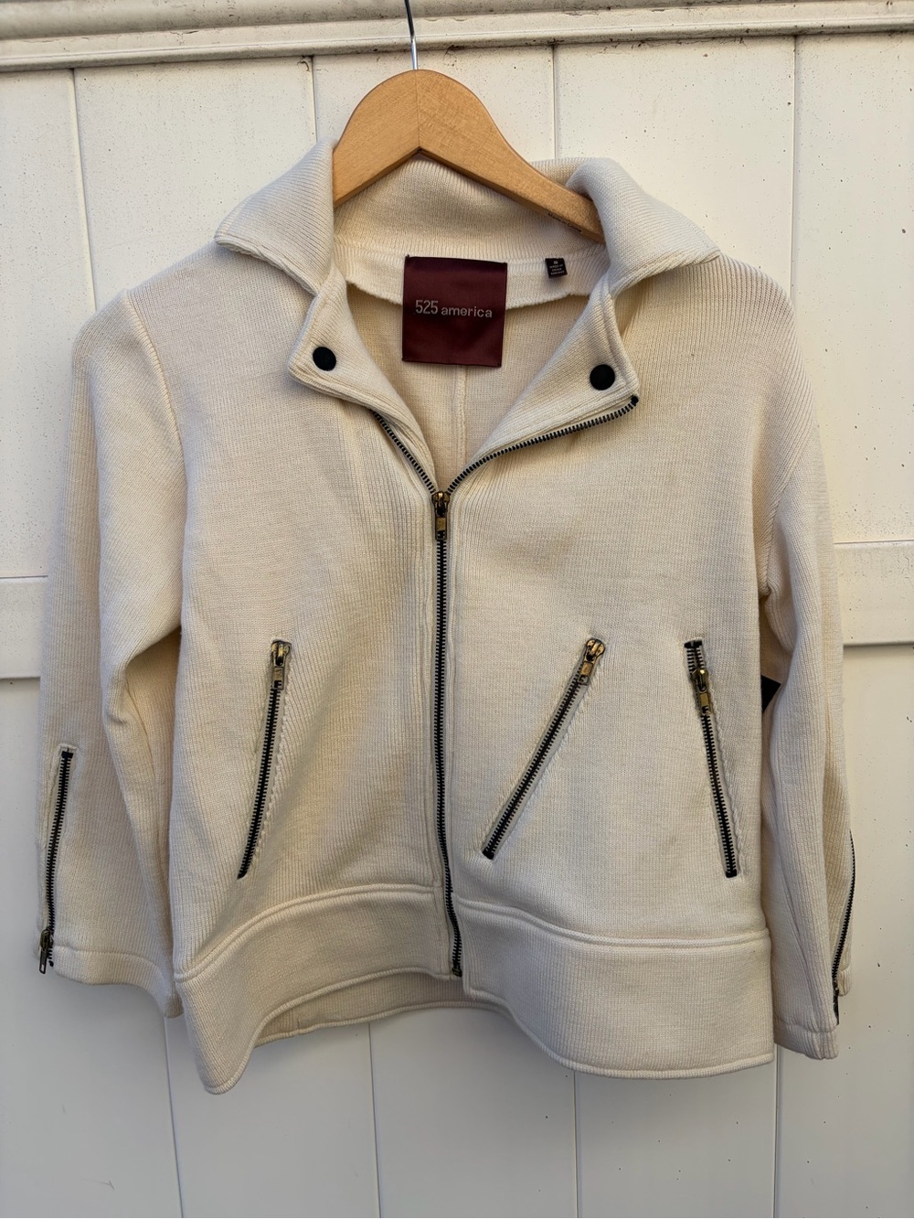 NWT 525 America Women's Cream Zip-Front Knit Moto Jacket Wool Sz Small